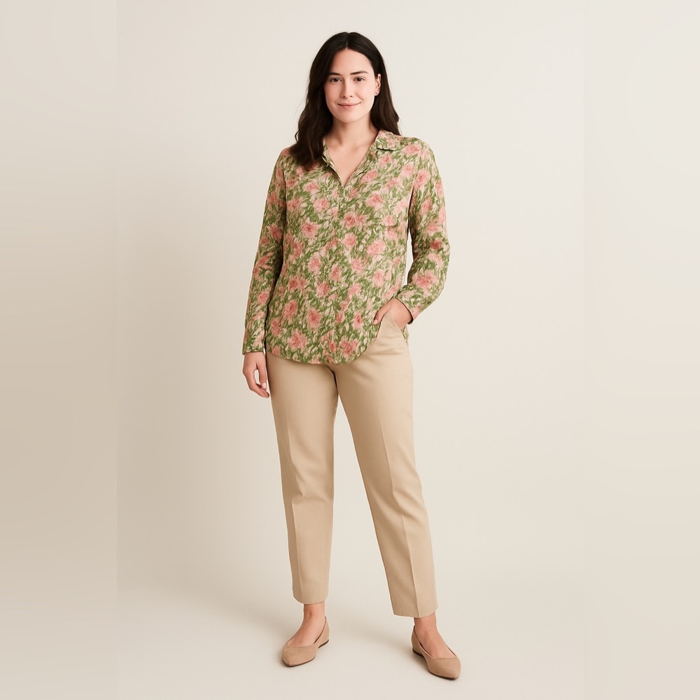 Joie Green Floral Button-Down Shirt with Pink Accents